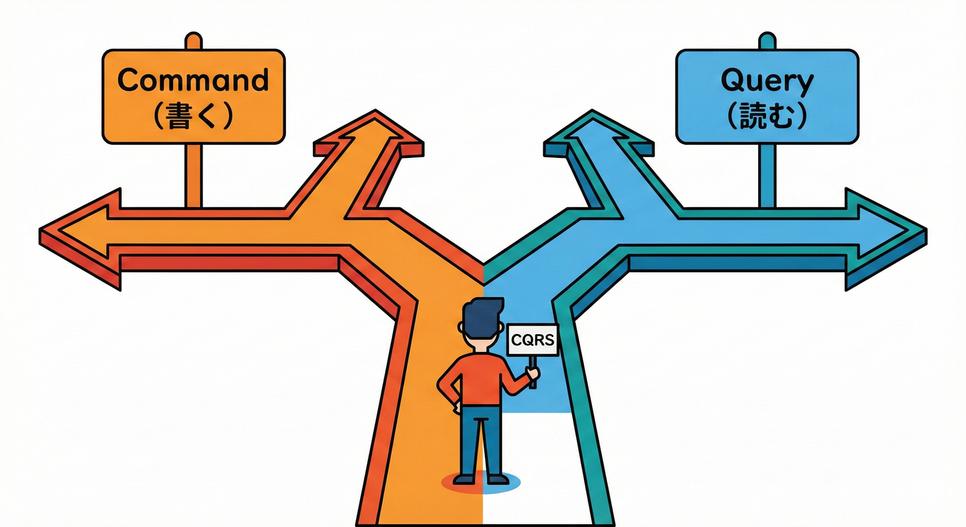 A visual metaphor of CQRS as a forking path.
