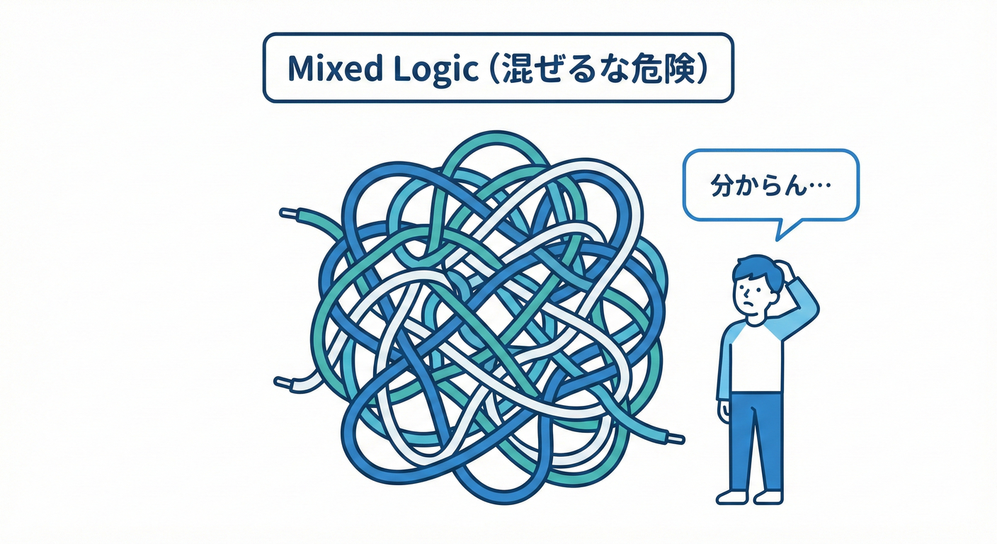 A visual representation of mixed logic as a tangled mess.
