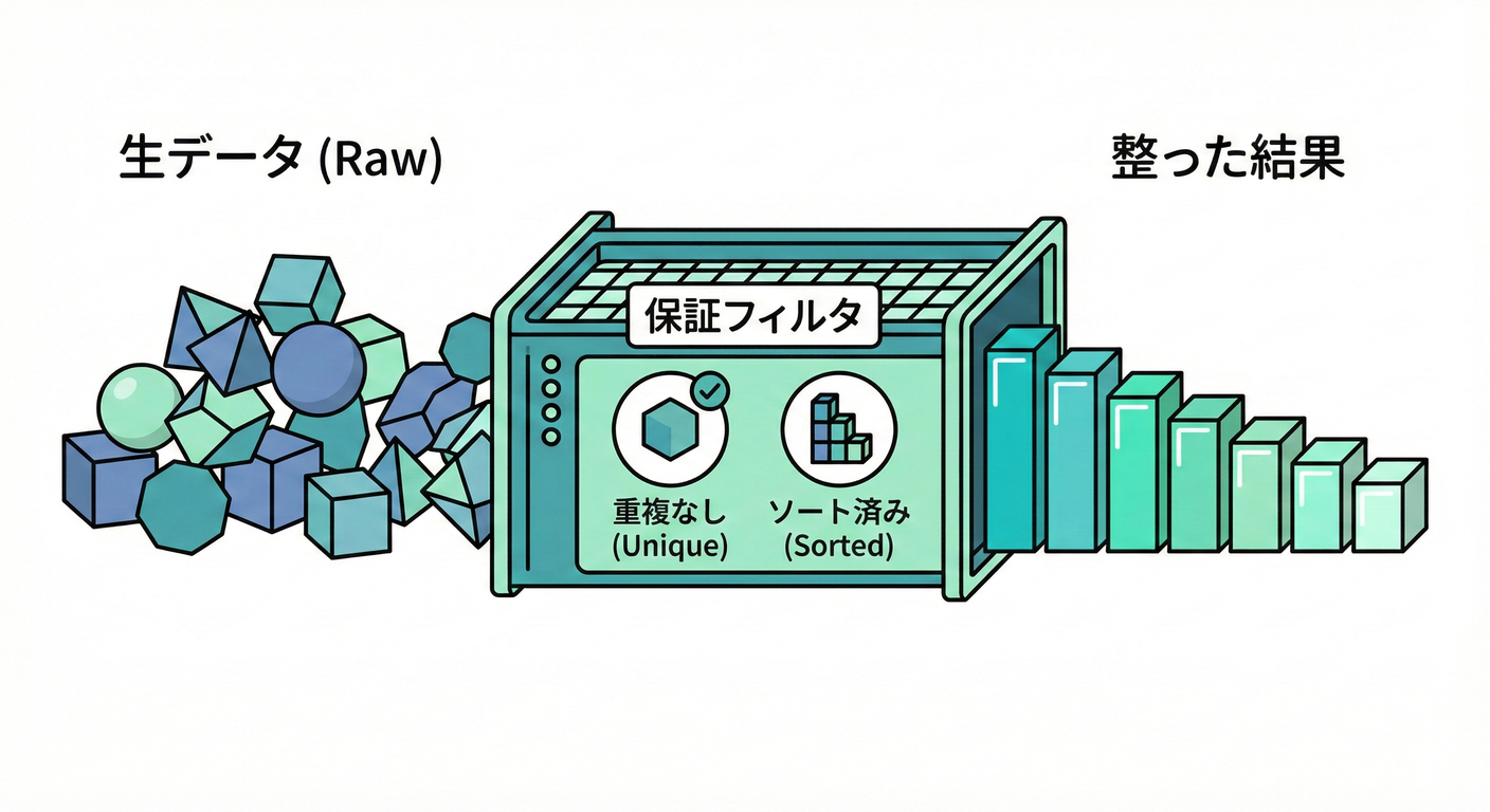 コレクションの事後条件：重複・ソート・フィルタの保証