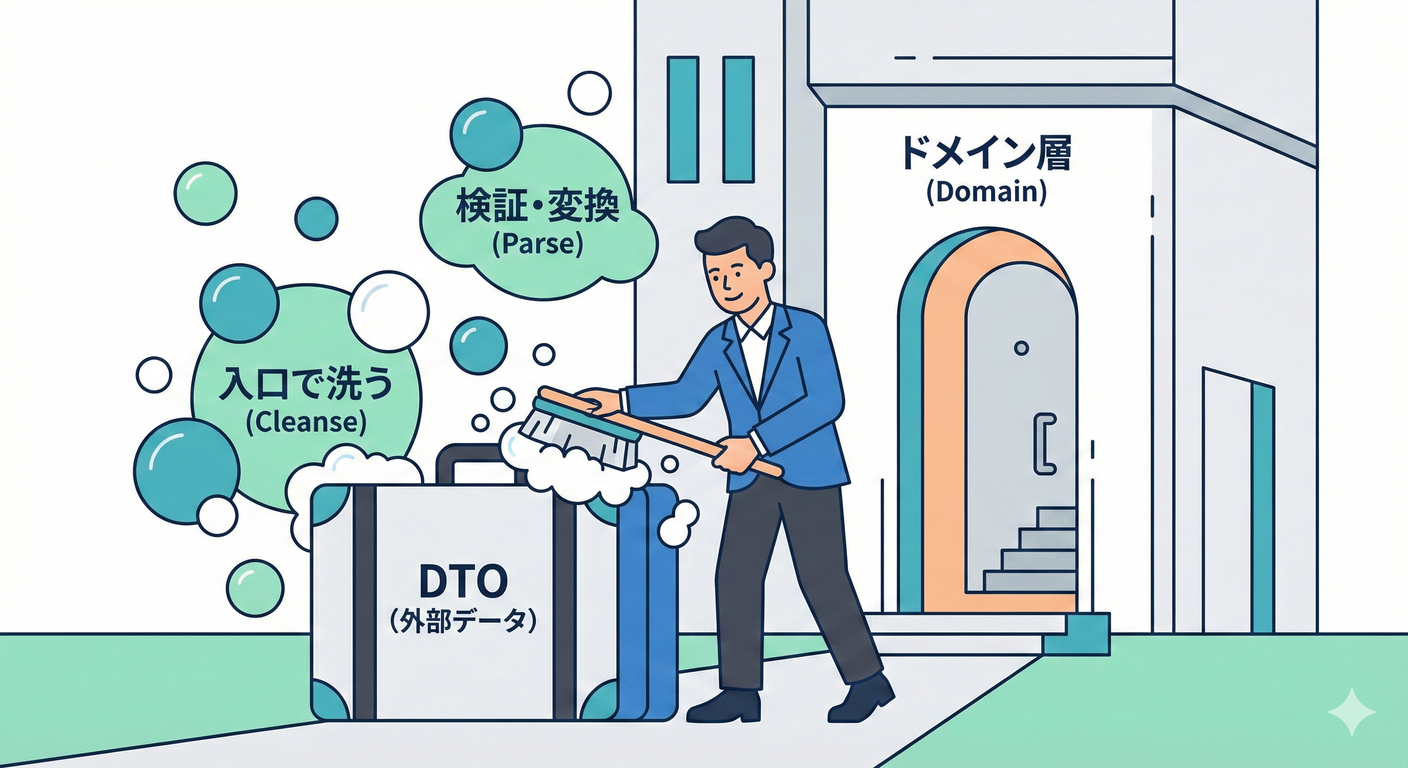 入口で汚れを落とすイメージ：DTO（外の汚れ）を洗ってドメイン（中）へ