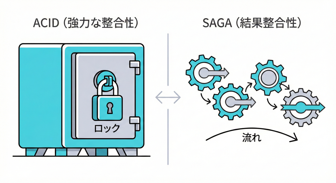 Heavy lock (ACID) vs Loose chain (Saga).