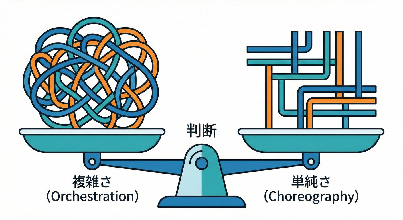 Balance scale between Complexity (Orchestration) and Simplicity (Choreography).