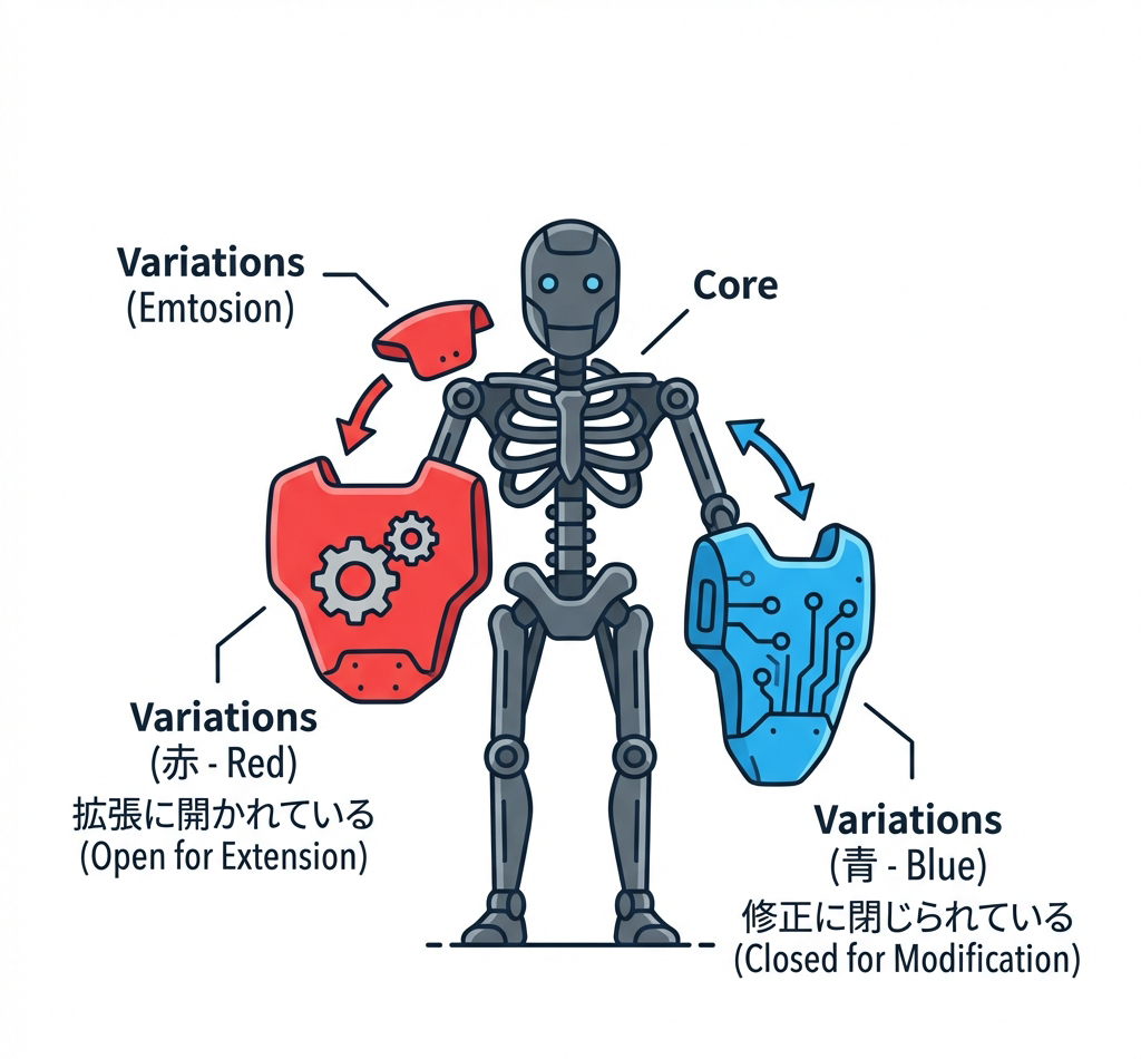 Robot skeleton (Core) vs detachable armor plates (Variations).