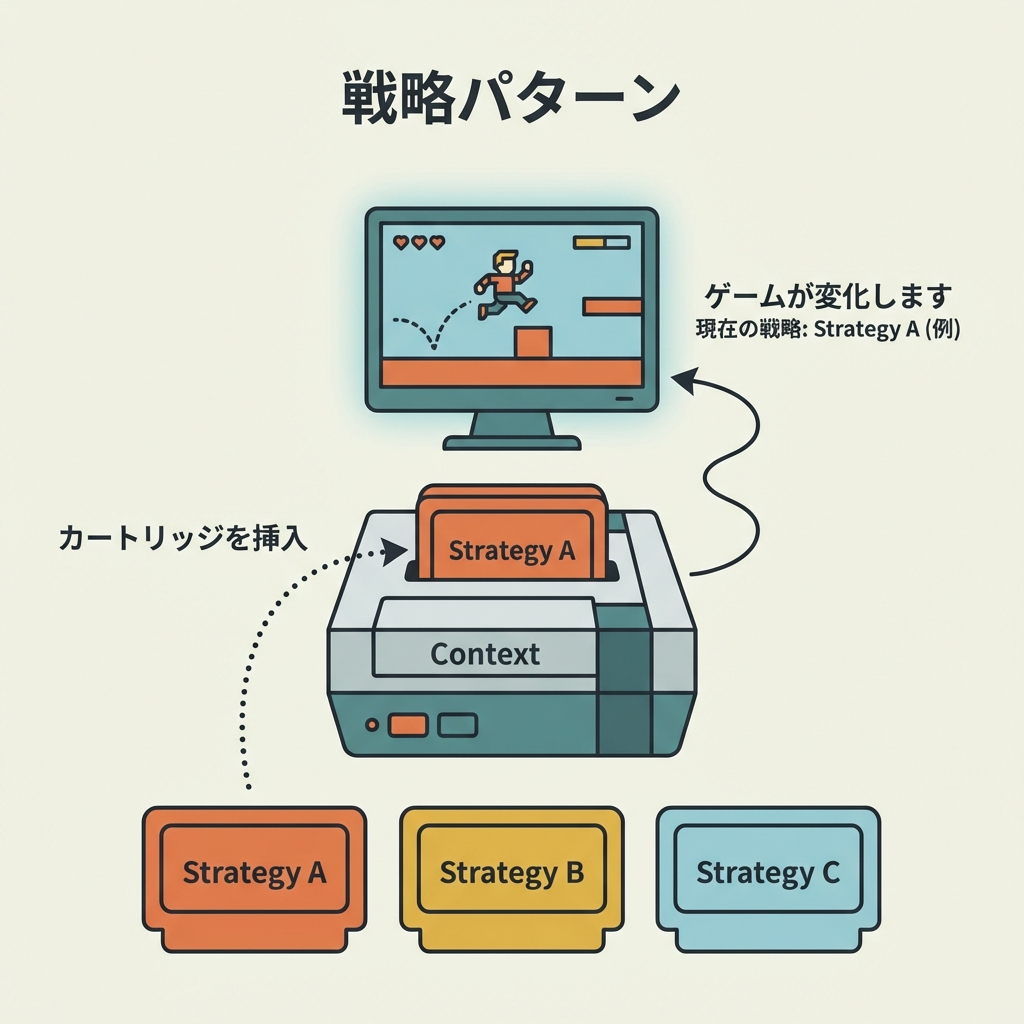 Game console (Context) with swappable cartridges (Strategies).
