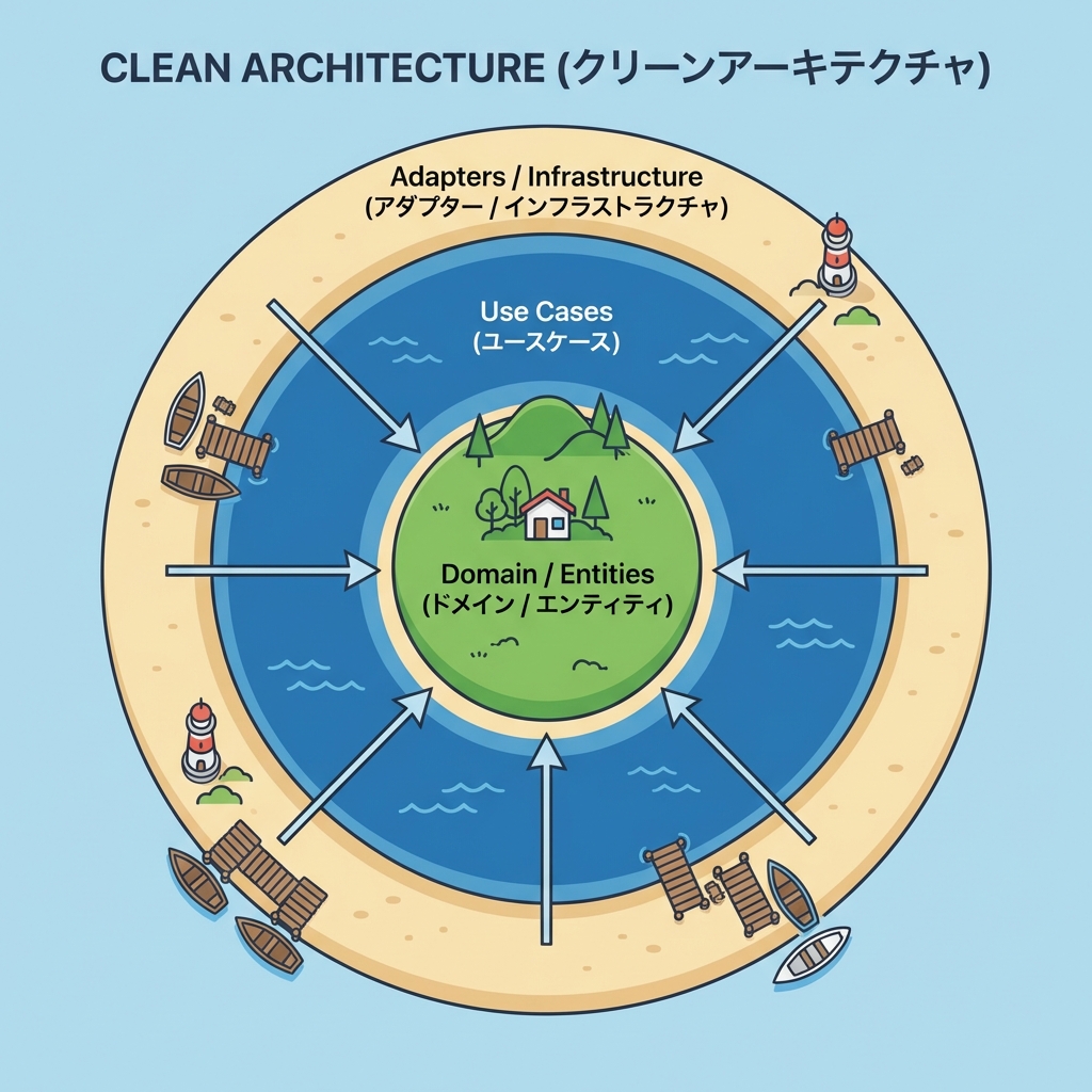 Clean Architecture Islands: Domain (Green) surrounded by Use Cases (Water) and Infrastructure (Beach).